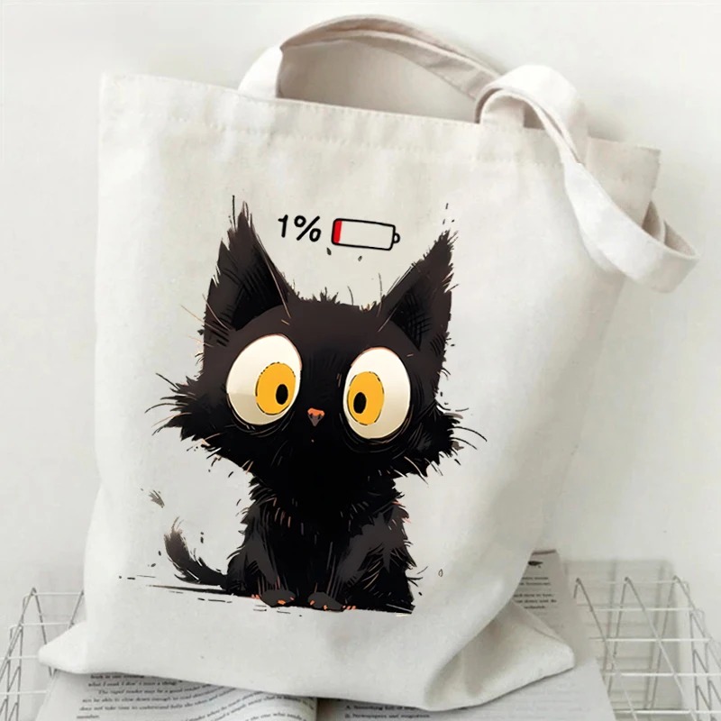Anime Tote Bag - Anime Siyah Kedi Baskı Kanvas Çanta